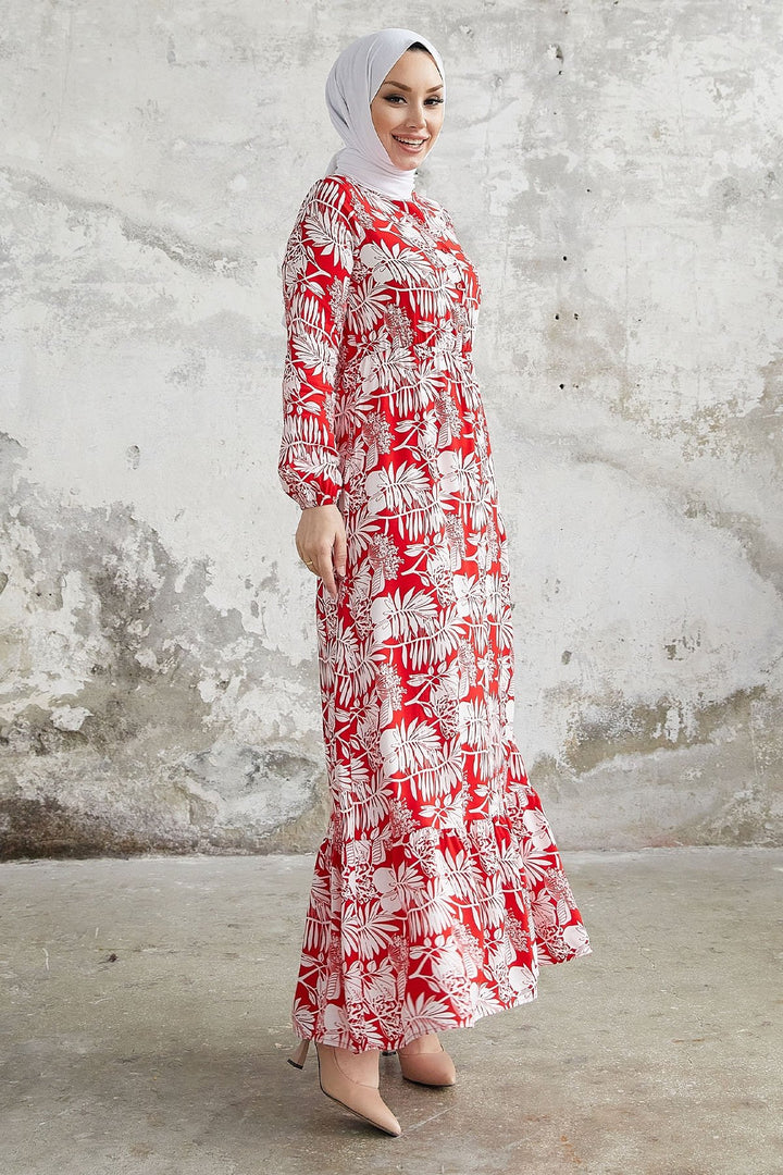 MDS Women Fale Complex Leaf Patterned Viscose Dress - Red - Ensenada