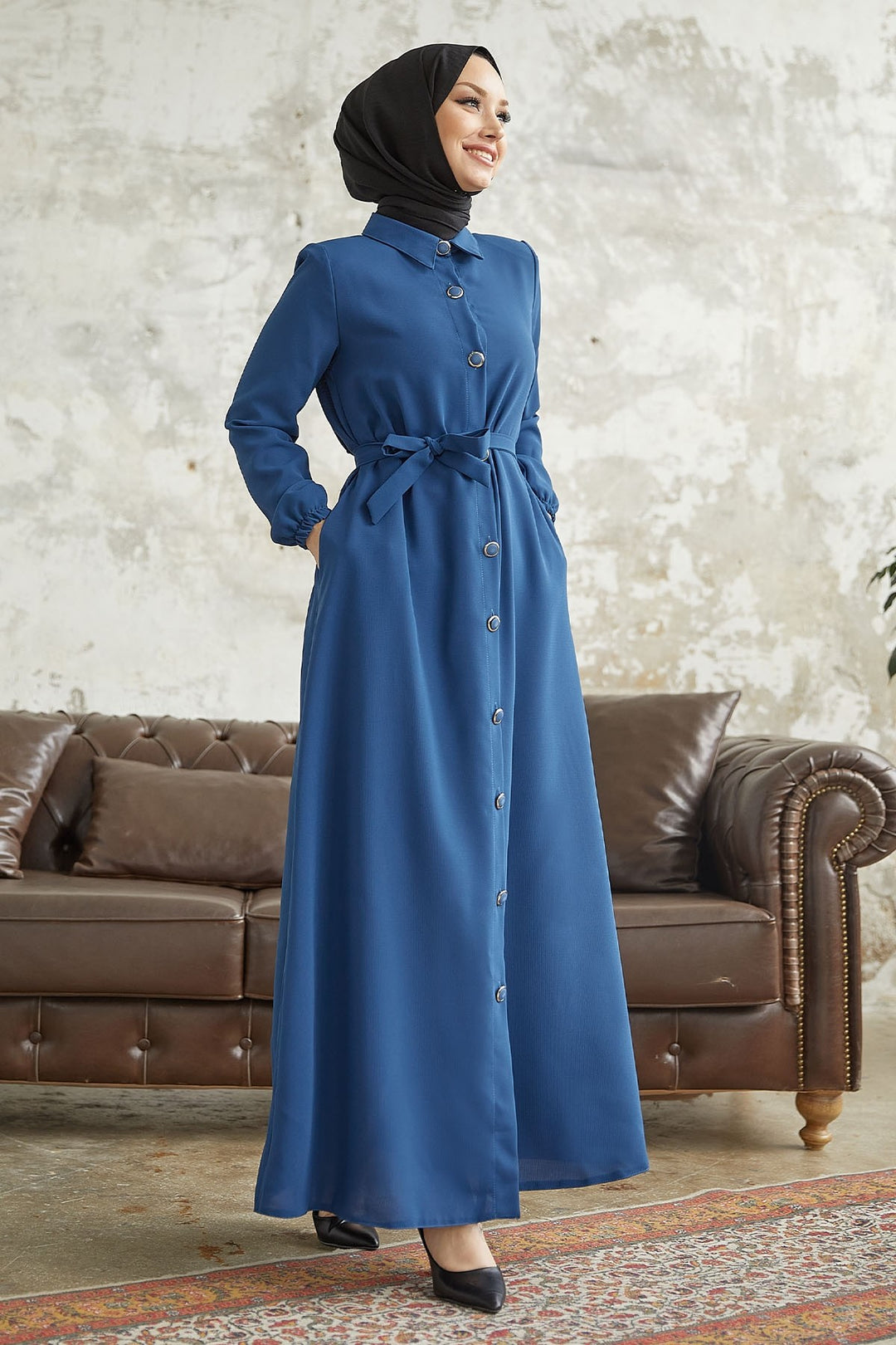 MDS Women Linny Buttoned Shirt Collar Abaya - Indigo - Southampton