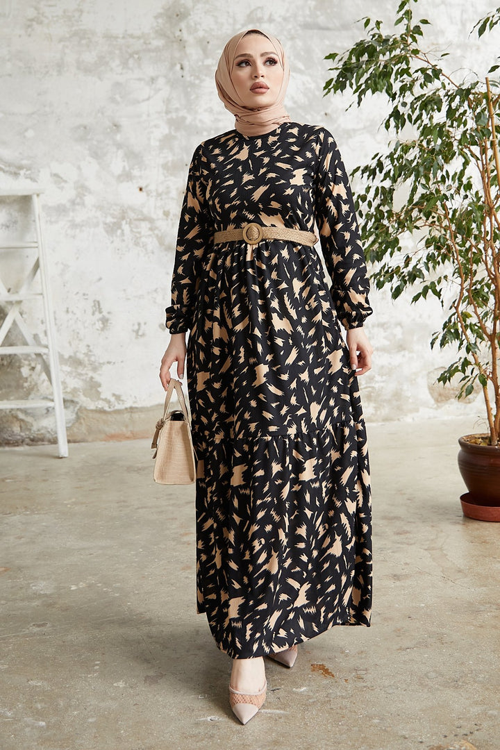 MDS Women Rena Straw Belted Patterned Dress - Black - Fremont