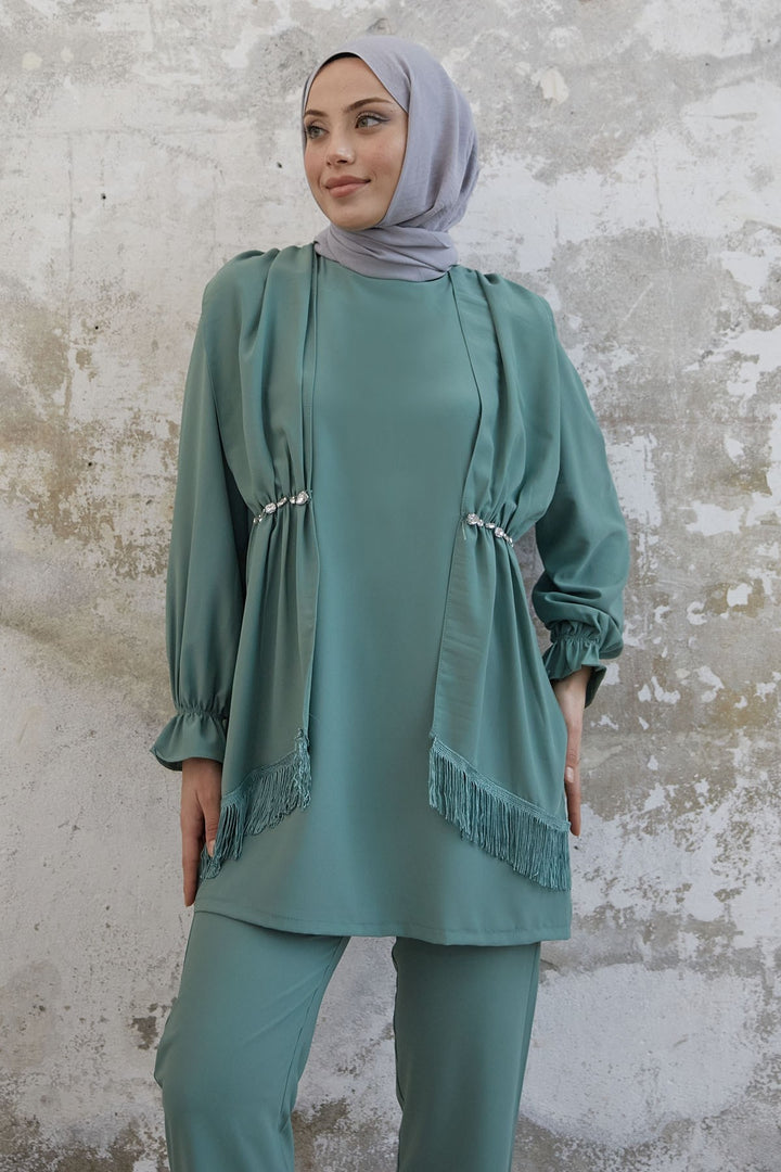 MDS Women Tassel Detail Stone Crepe Set - Mint - Prescott Valley