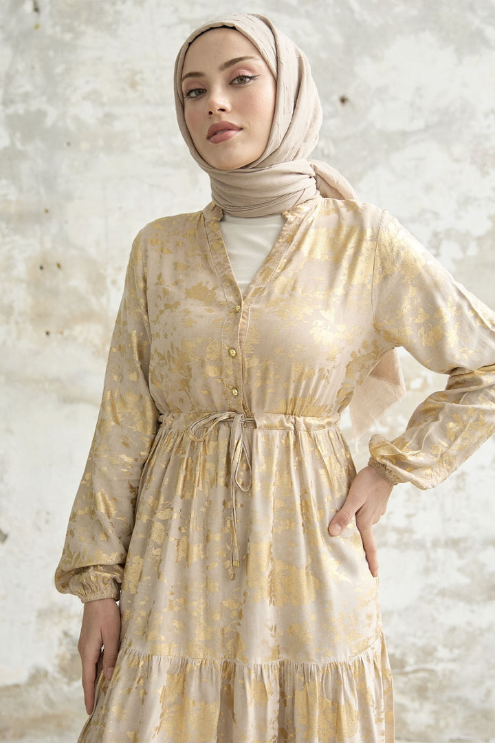 MDS Women Gold Leaf Patterned Dress - Mink - Oldham