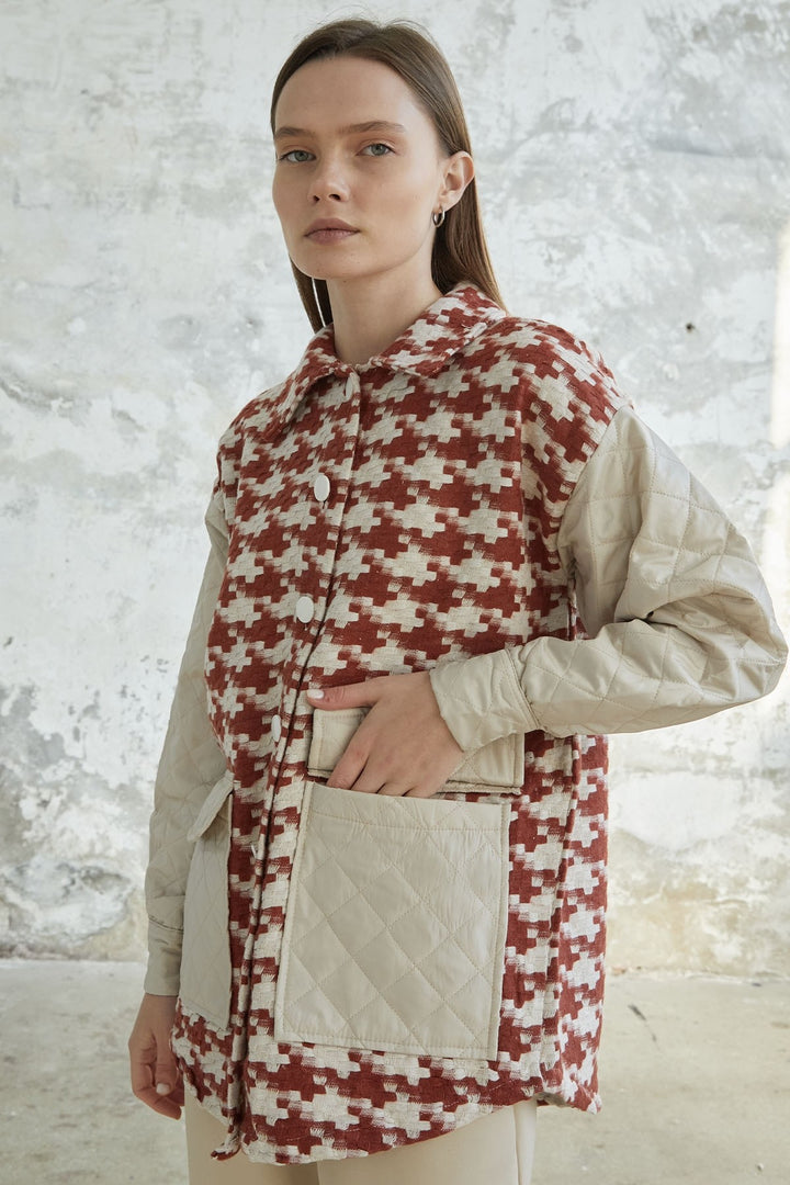 MDS Women Herringbone Pattern Quilted Jacket - Terracotta - Beaumont