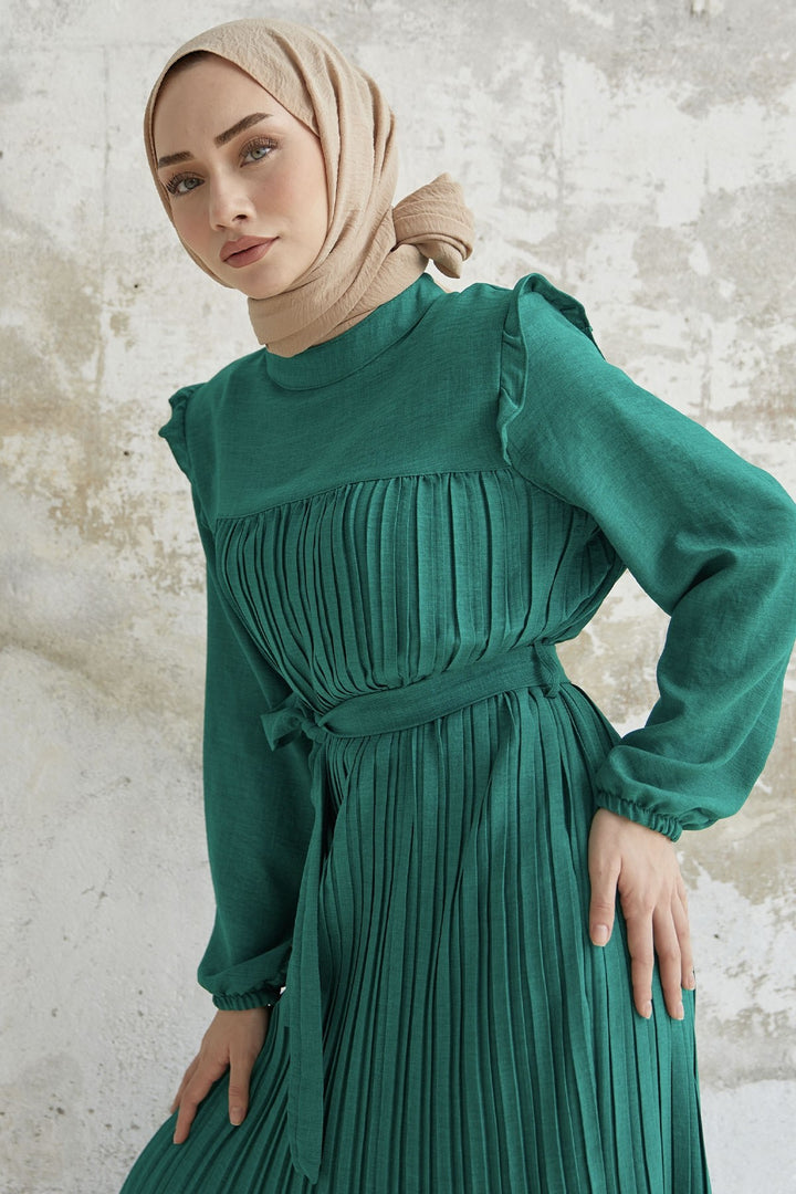 MDS Women Ruffle Trim Linen Dress with Puff Sleeves - Green - Arnold