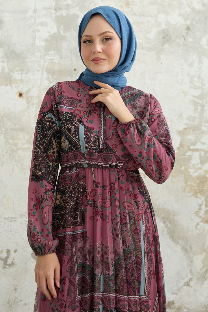 MDS Women Viera Shawl Patterned Collar Belted Chiffon Dress - Rose Pink - Sutton