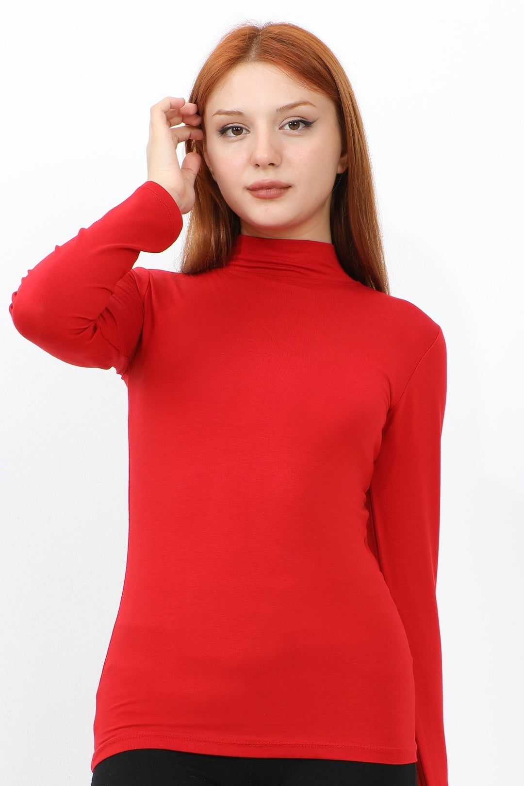 MDS Women Long Sleeve Fisherman Collar Basic Bodysuit - Red - Stains