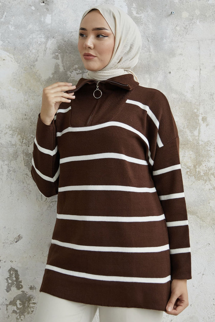 MDS Women Maroya Striped Knit Sweater - Bitter Brown - Peterborough