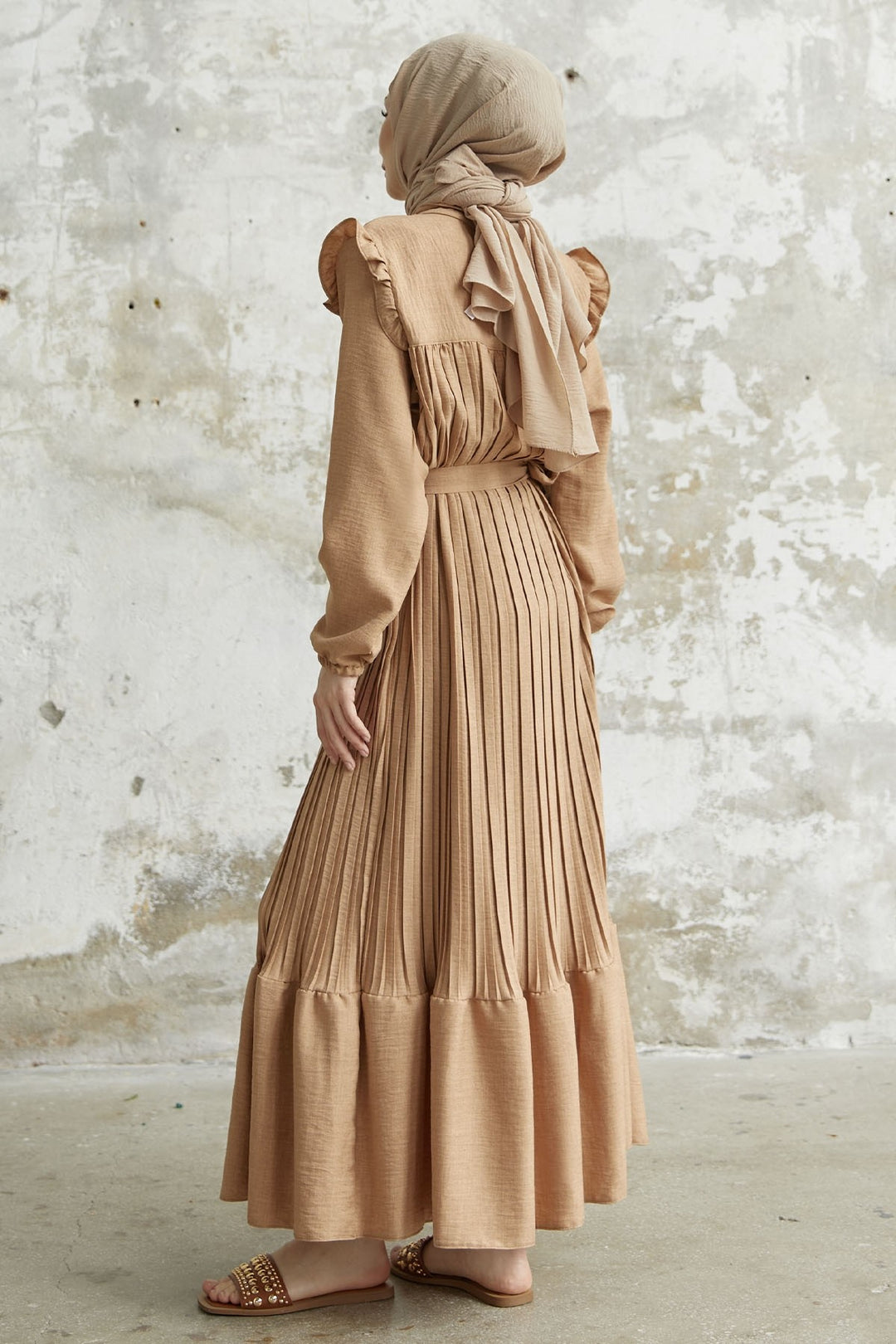 MDS Women Ruffle Trim Linen Dress with Puff Sleeves - Camel - Overland Park