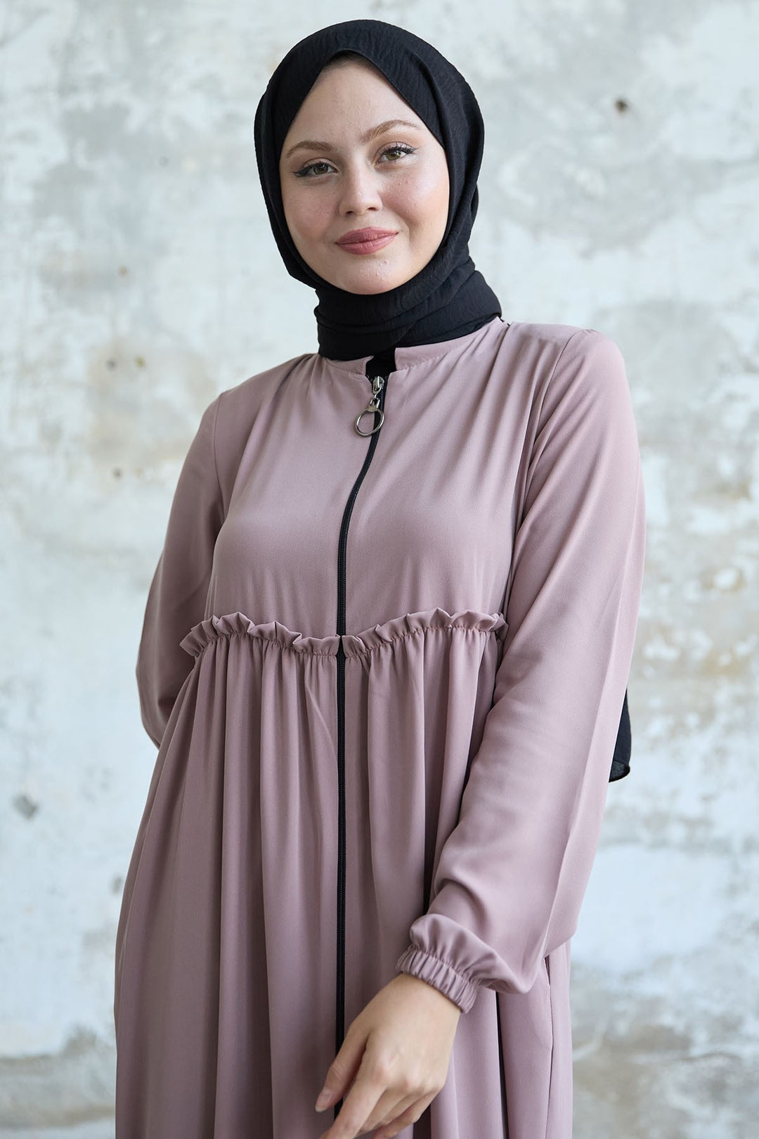 MDS Women Back Tassel Detail Ruched Powder Abaya - Broken Arrow