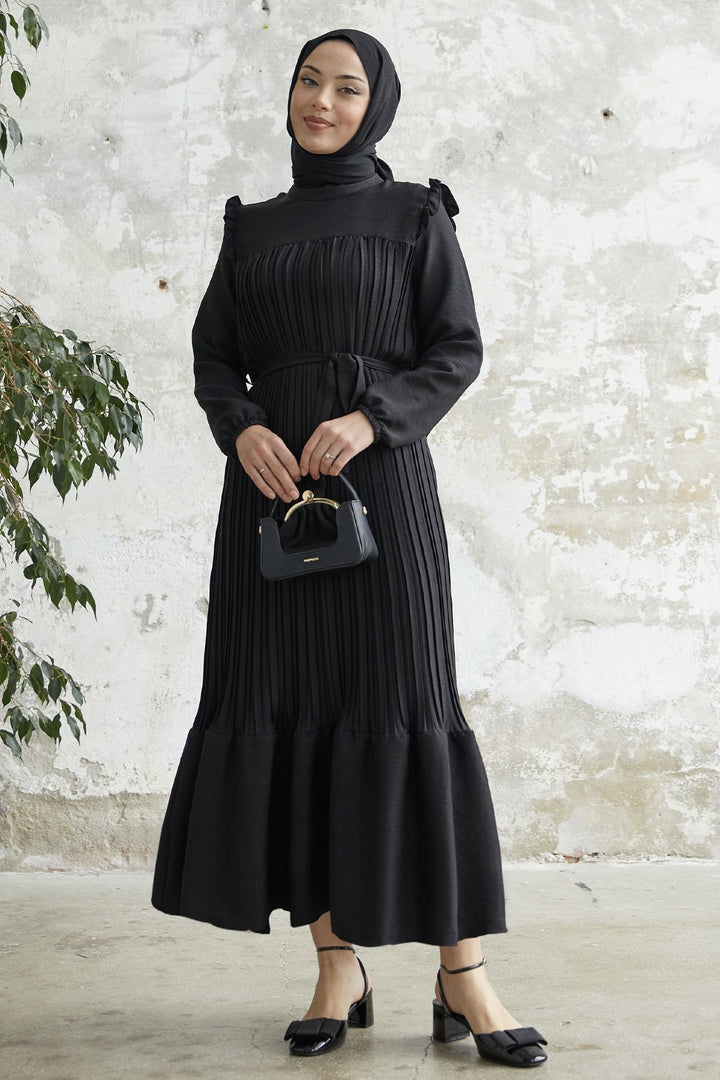 MDS Women Ruffle Trim Linen Dress with Puffed Shoulders - Black - Vitrolles