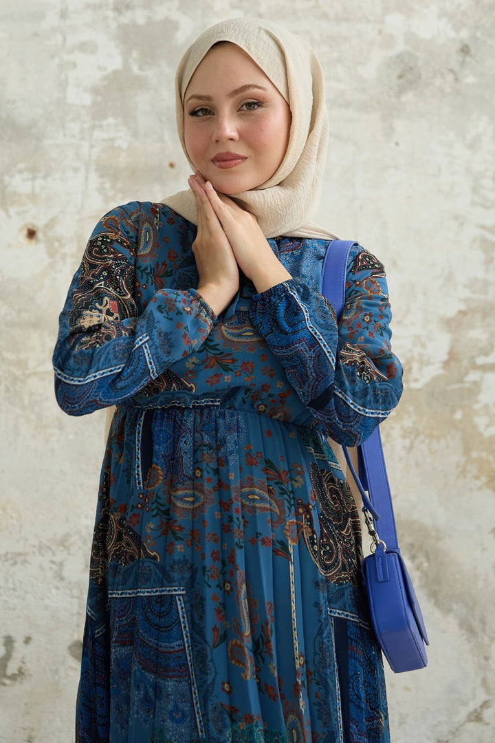 MDS Women Viera Shawl Patterned Collar Belted Chiffon Dress - Blue - Allentown