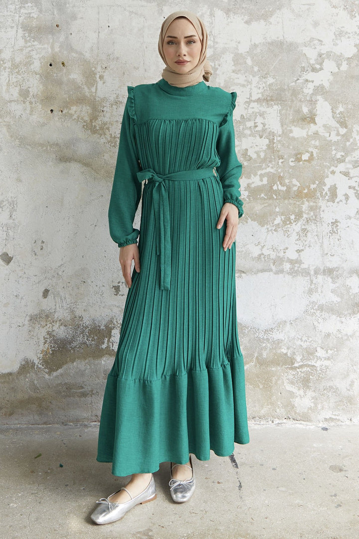 MDS Women Ruffle Trim Linen Dress with Puff Sleeves - Green - Arnold