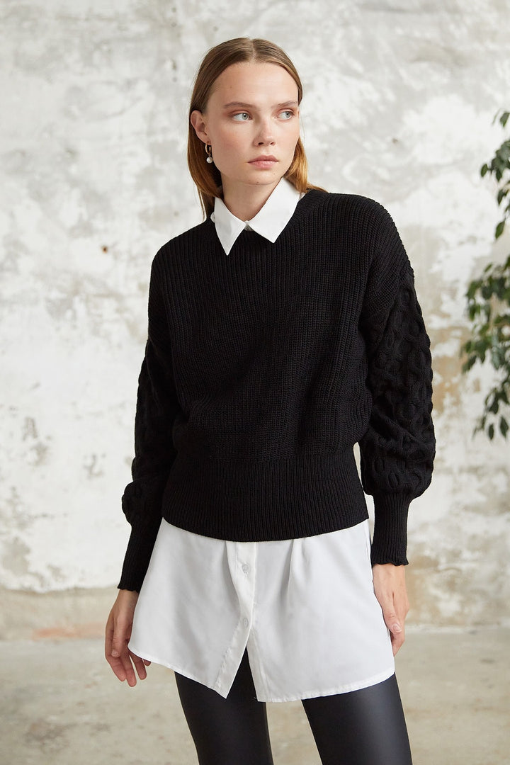 MDS Women Larisa Balloon Sleeve Knit Crop Sweater - Black - Olhão