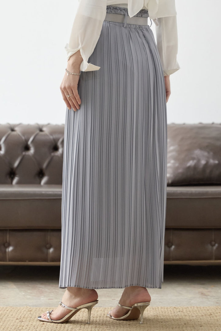 MDS Women Ruched Waist Chiffon Skirt with Belt - Grey - Vendrell