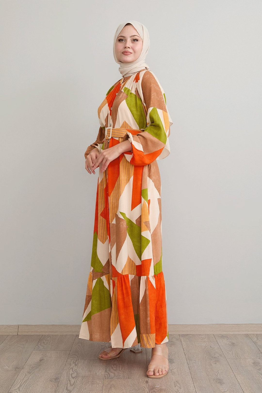 MDS Women Geometric Patterned Belted Orange Viscose Dress - Heroica Matamoros