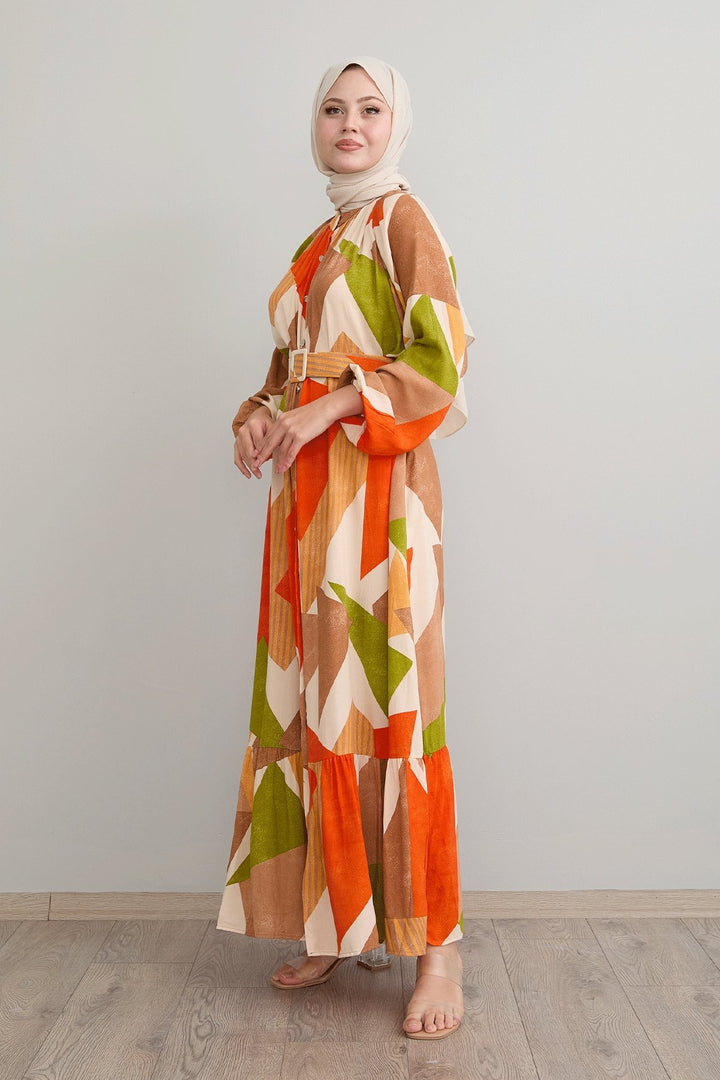 MDS Women Geometric Patterned Belted Orange Viscose Dress - Heroica Matamoros