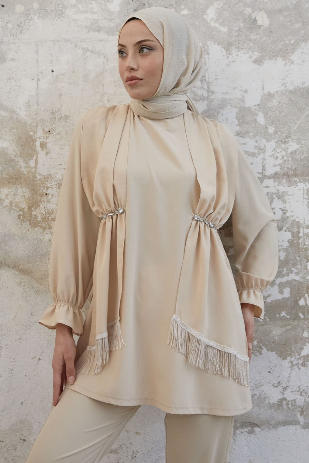 MDS Women Tassel Detail Stone Crepe Set - Beige - Dronten