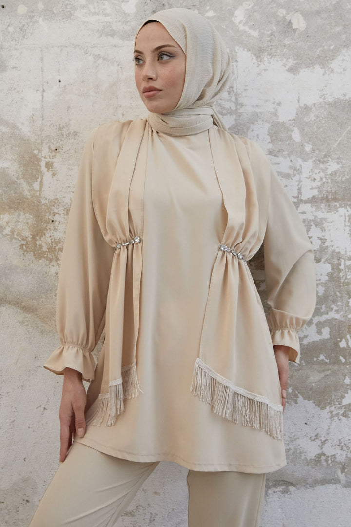 MDS Women Tassel Detail Stone Crepe Set - Beige - Dronten