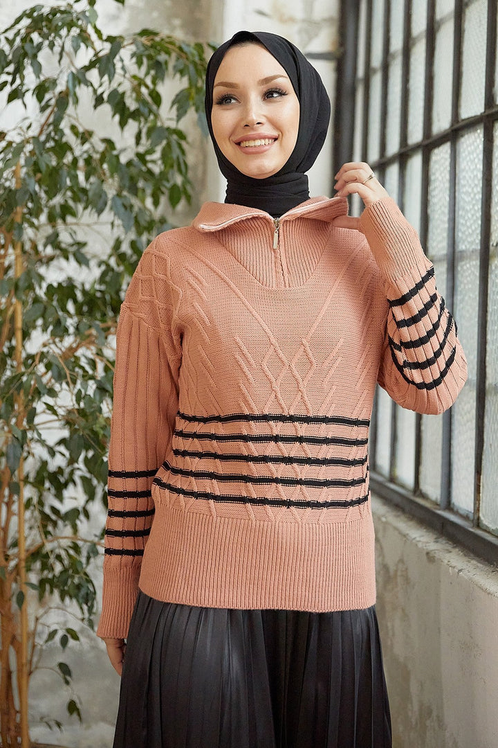 MDS Women Sova Neck Zippered Striped Knit Sweater - Salmon \ Black - Exeter
