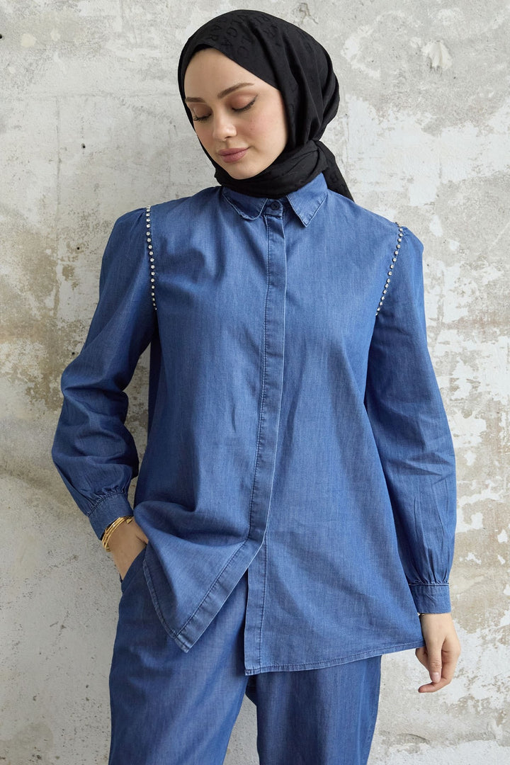 MDS Women Stone Washed Denim Two Piece Set - Dark Blue - Pesaro