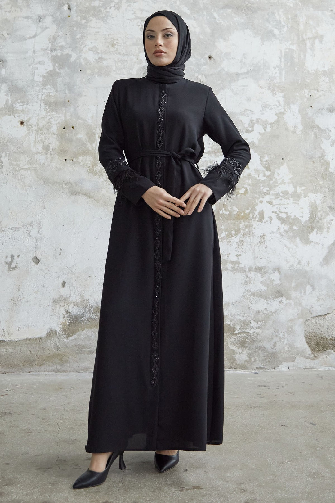 MDS Women Sleeve Tip Feather Detail Stoned Abaya - Black - Dewsbury