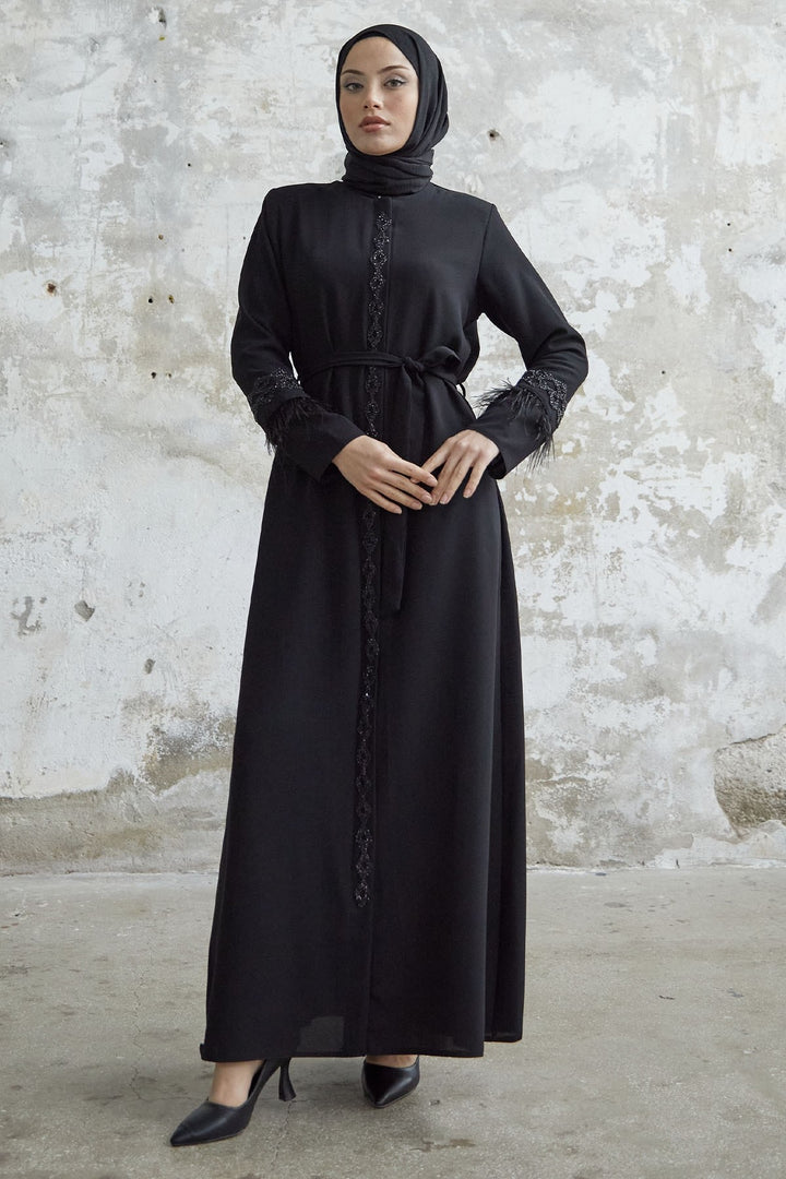 MDS Women Sleeve Tip Feather Detail Stoned Abaya - Black - Dewsbury