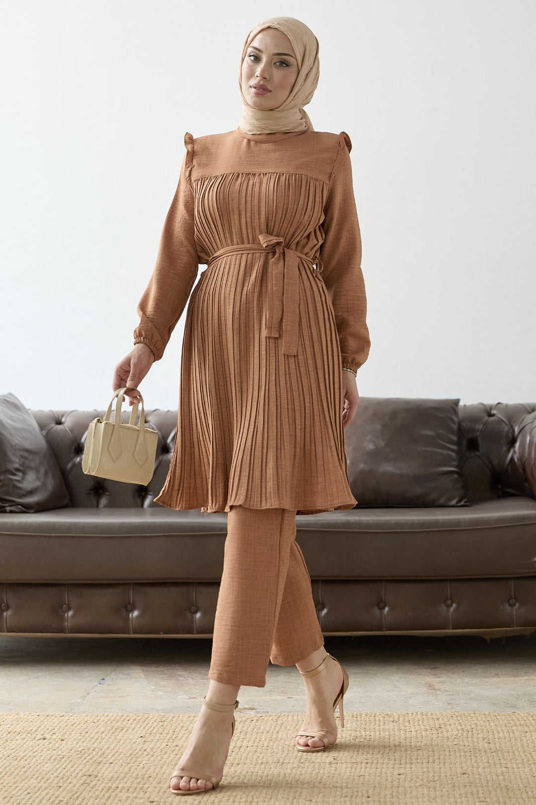 MDS Women Front Pleated Ruffle Detail Set - Camel - St. Cloud