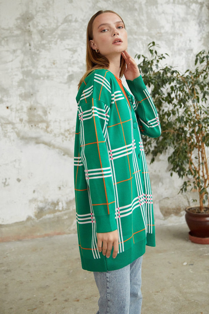 MDS Women Meri Plaid Patterned Cardigan - Green - Sioux City