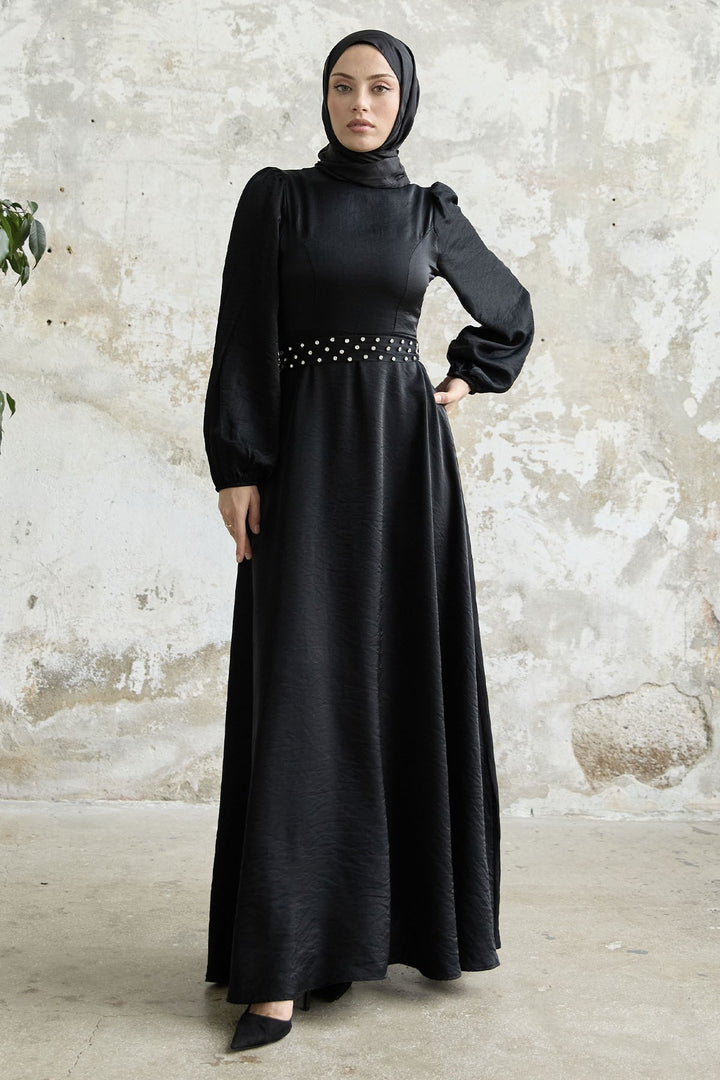 MDS Women Stone Belted Glitter Satin Dress - Black - Mixquiahuala de Juarez