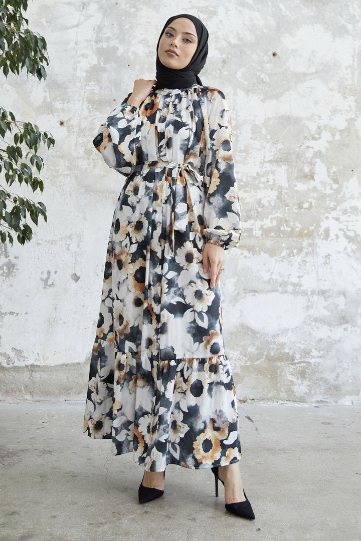 MDS Women Floral Satin Dress with Buttoned Front - Black - Croydon