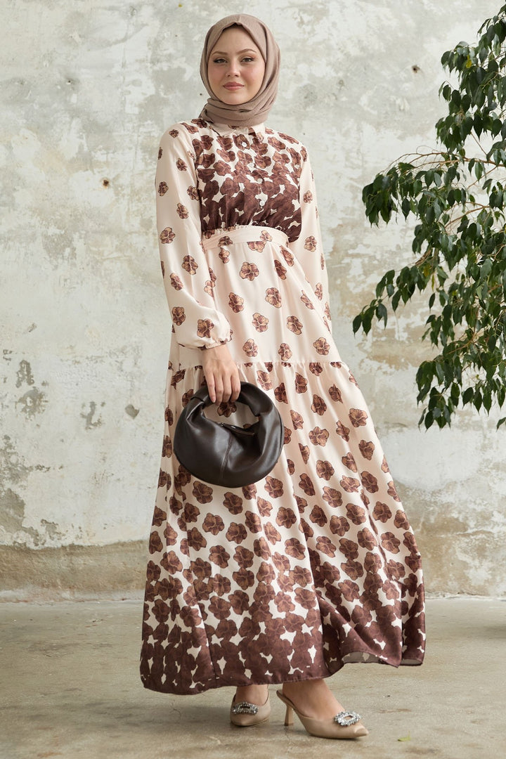 MDS Women Half-Buttoned Brown Satin Dress - Linares