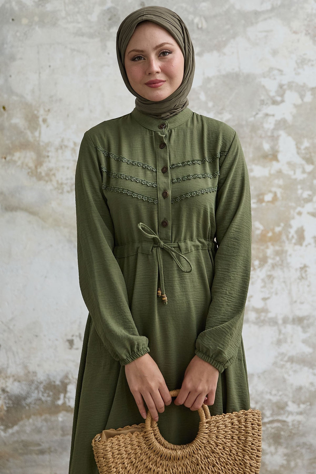 MDS Women Guipure Detail Khaki A-line Dress - Stains