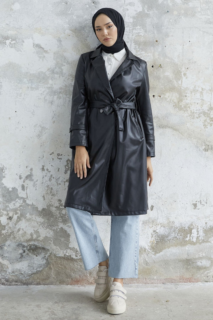 MDS Women Darina Belted Leather Trench Coat - Black - Agua Prieta