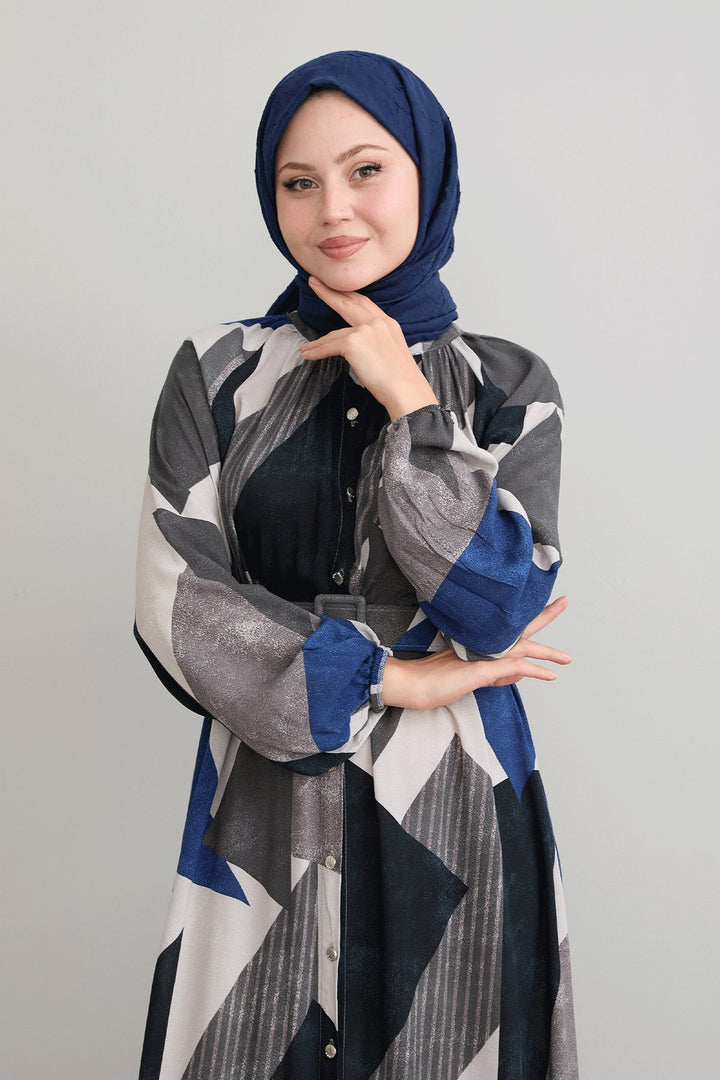 MDS Women Geometric Patterned Belted Anthracite Viscose Dress - Pulheim