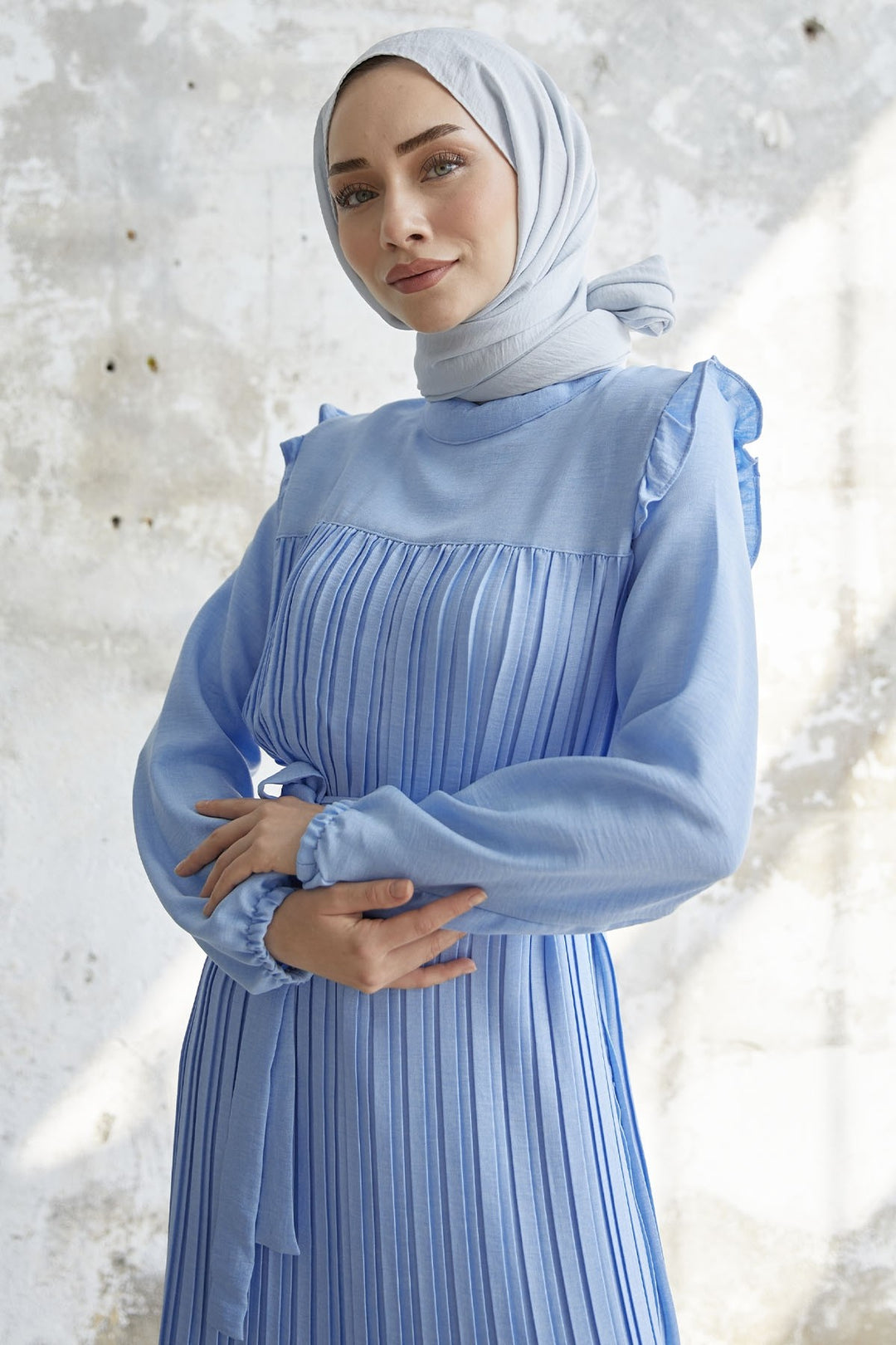 MDS Women Ruffle Trim Linen Dress - Baby Blue - Fairfield