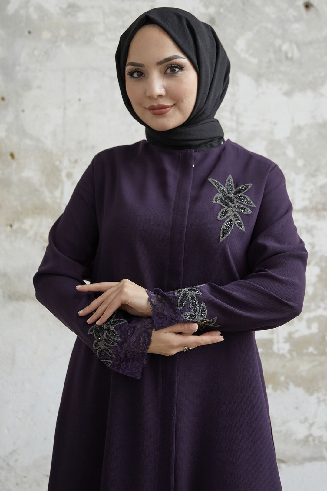 MDS Women Sleeve Flower Stone Abaya - Purple - Doral