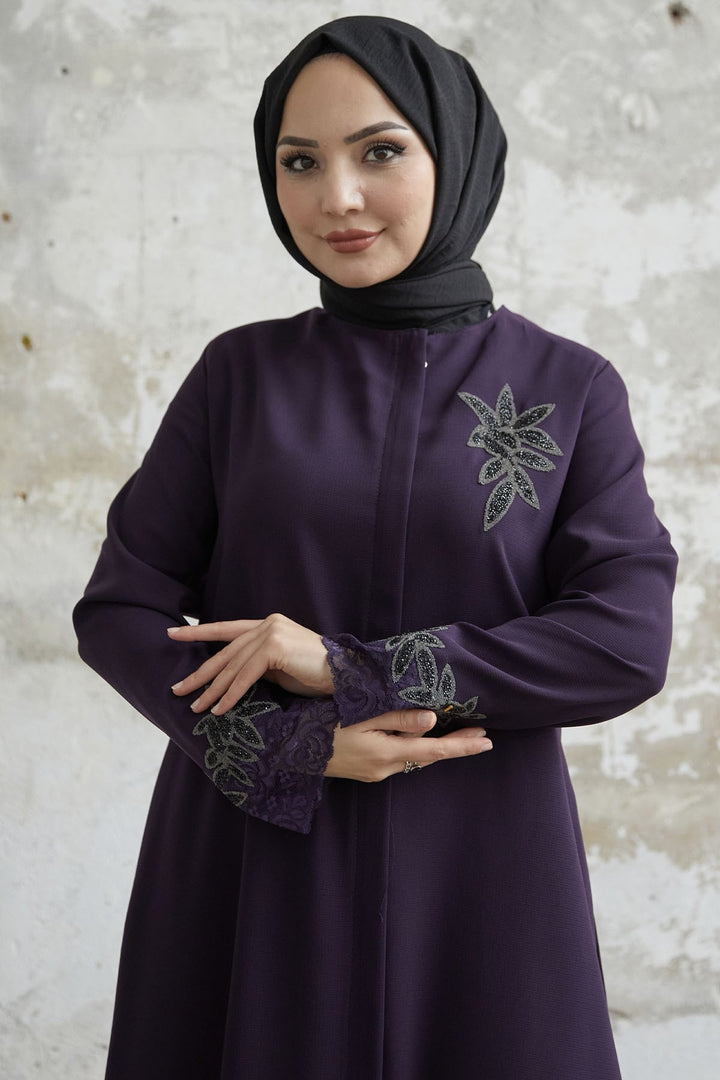 MDS Women Sleeve Flower Stone Abaya - Purple - Doral