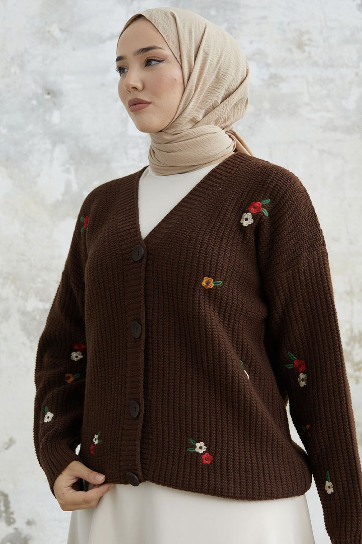 MDS Women Hello Daisy Embroidered Cardigan - Bitter Coffee - Spruce Grove