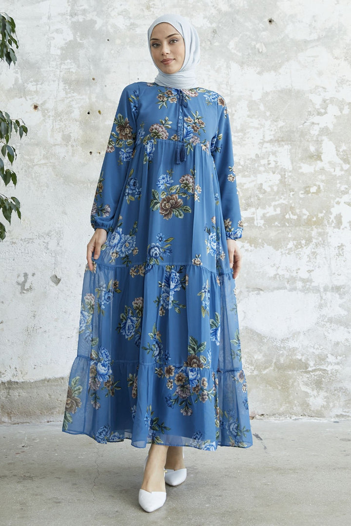 MDS Women Lace-Up Floral Chiffon Dress - Indigo - Landau