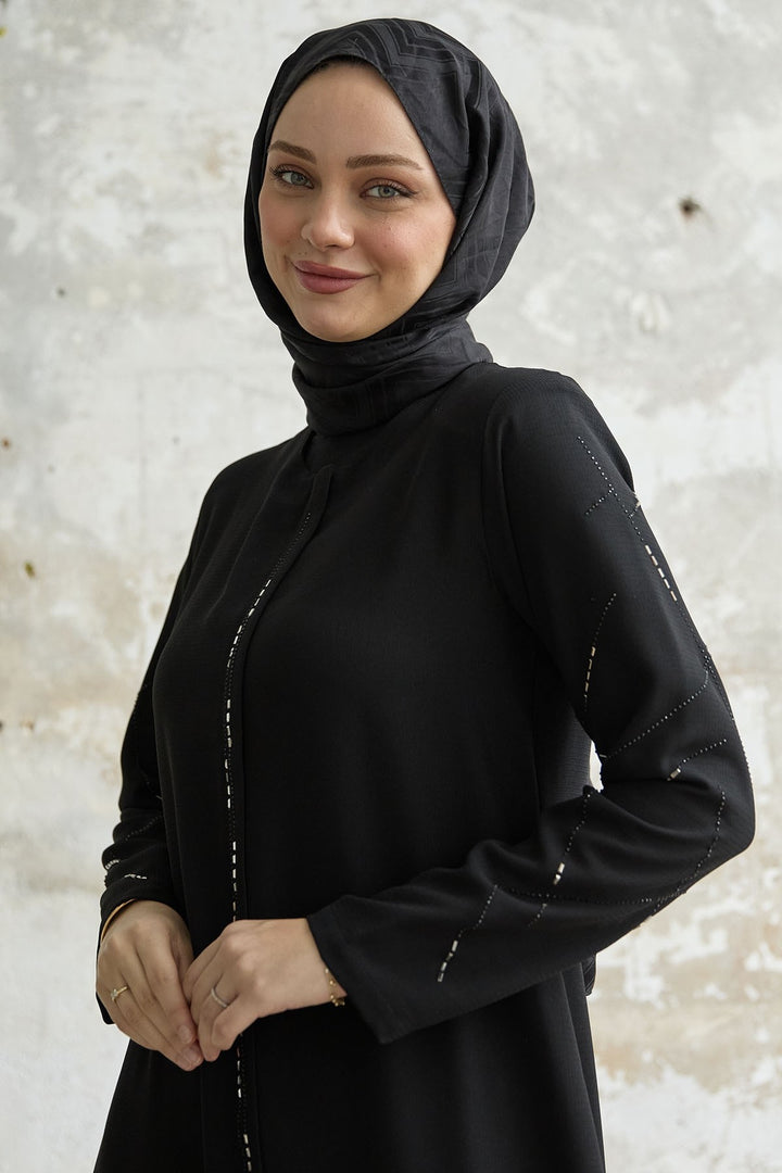 MDS Women Sequined Stone Embroidered Abaya - Black - San Pedro