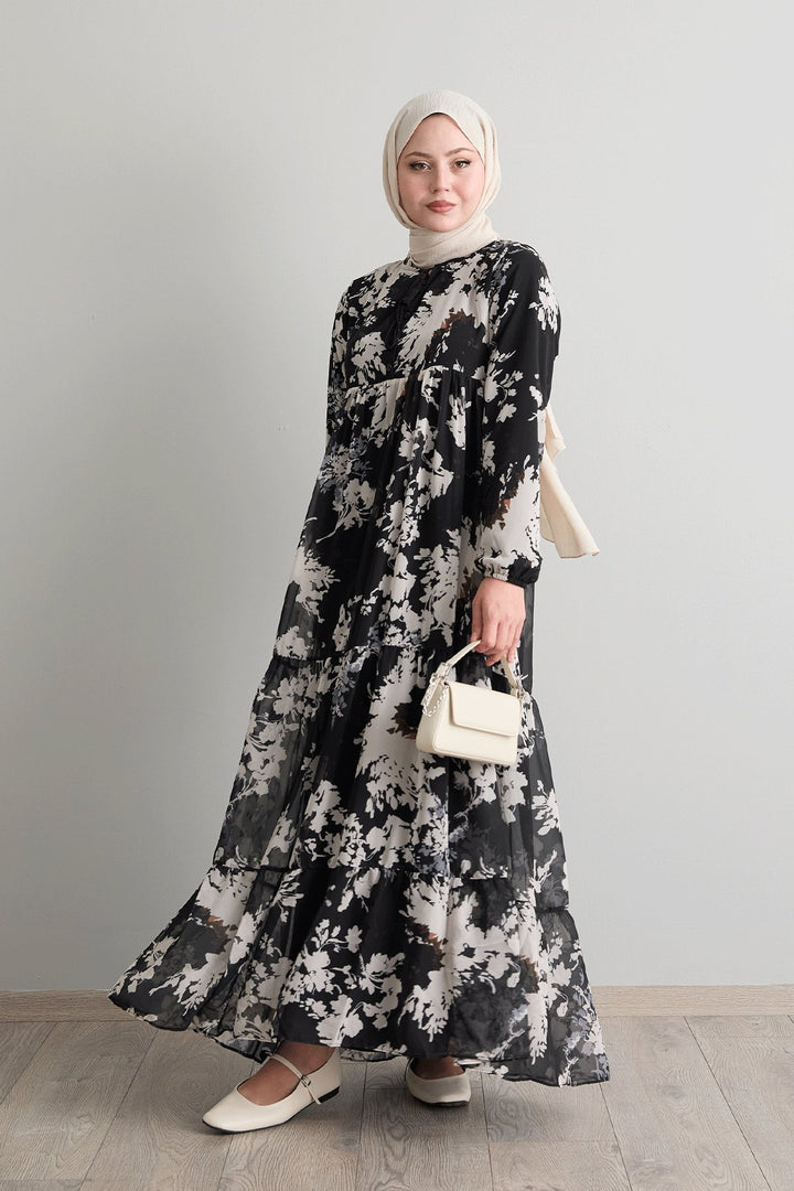 MDS Women Black Chiffon Dress with Leaf Pattern and Tassels at the Front - Schagen