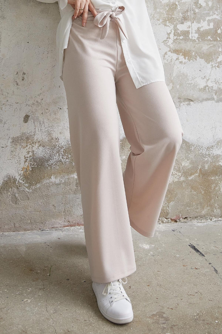MDS Women High Waisted Wide Leg Scuba Pants - Stone - Brugherio