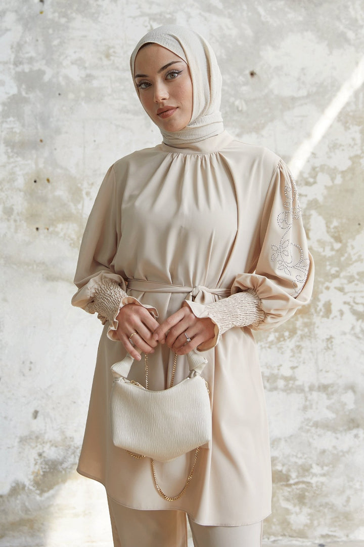 MDS Women Stone Detailed Balloon Sleeve Satin Set - Beige - Santa María Texmelucan