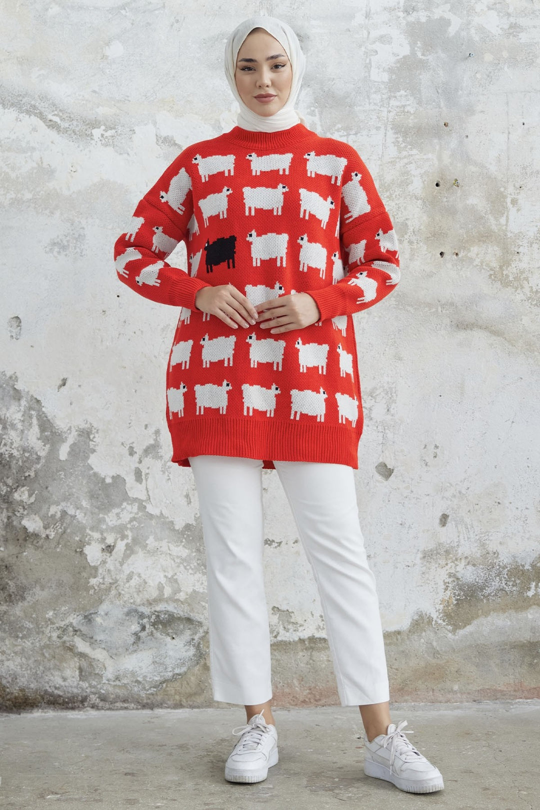MDS Women Lamb Patterned Knit Sweater - Red - Villenave-d’Ornon