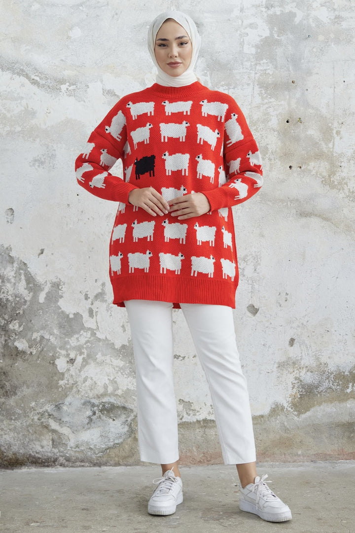 MDS Women Lamb Patterned Knit Sweater - Red - Villenave-d’Ornon