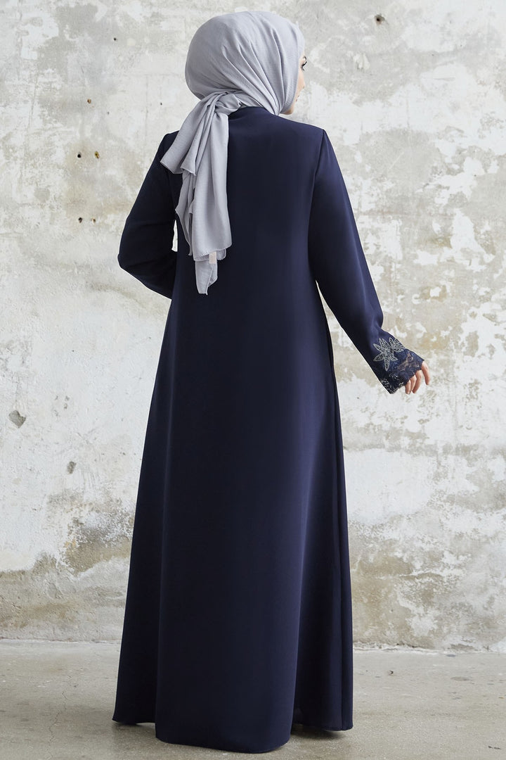 MDS Women Sleeve Embroidered Abaya with Stones - Navy Blue - Melton