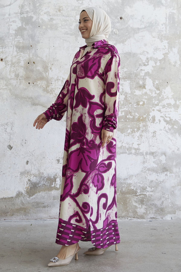 MDS Women Shirt Collar Patterned Viscose Dress - Fuchsia - Salisbury