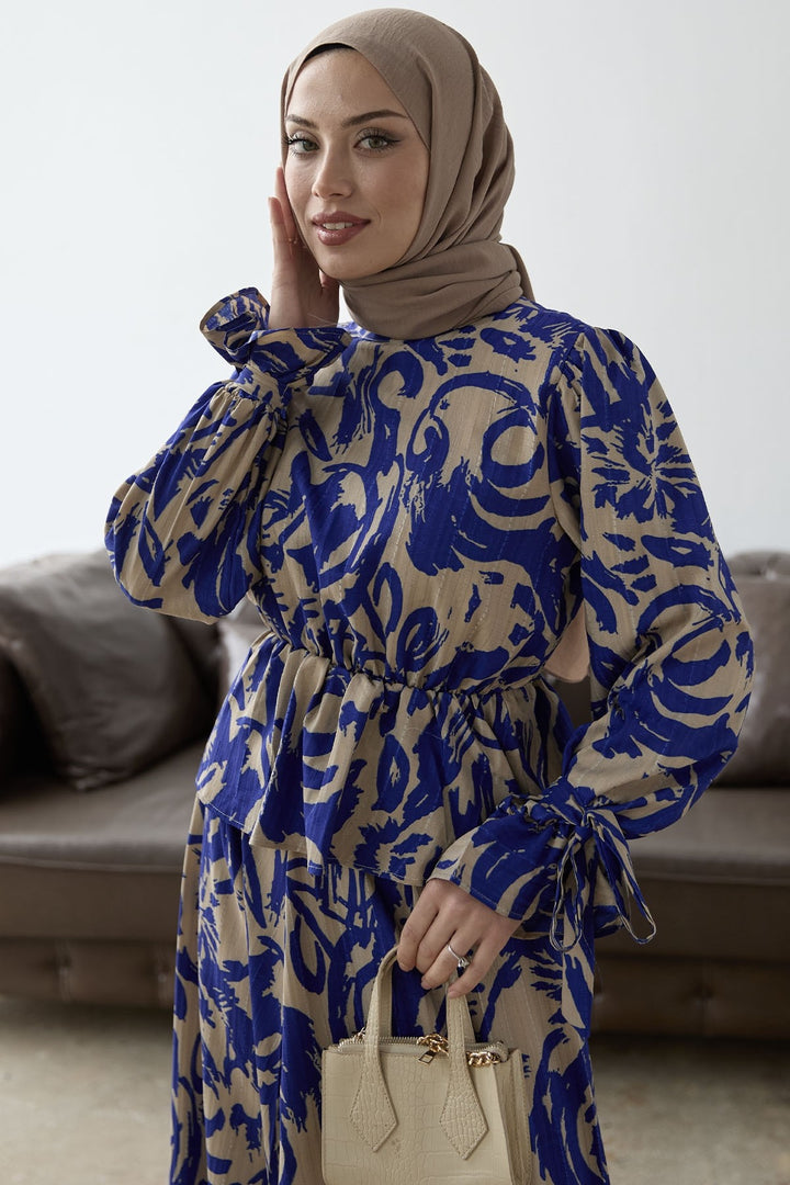 MDS Women Sleeve Tie Patterned Skirt Suit - Sky Blue - Lucca