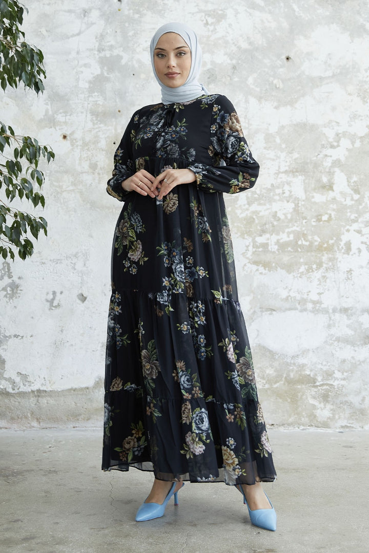 MDS Women Lace-Up Floral Chiffon Dress - Black - Towson