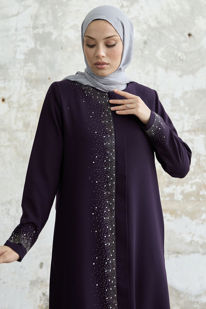 MDS Women Stone-embroidered Abaya with Right Side - Purple - Hickory