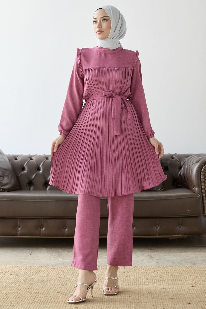 MDS Women Front Pleated Ruffle Detail Set - Fuchsia - Arden-Arcade